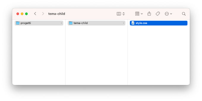 Screenshot di una cartella di esempio per un tema Child WordPress