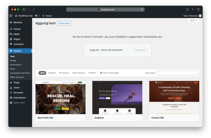 Screenshot del pannello di installazione tema WordPress