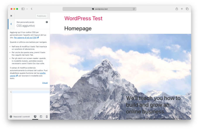 Screenshot del pannello "Personalizza" di WordPress
