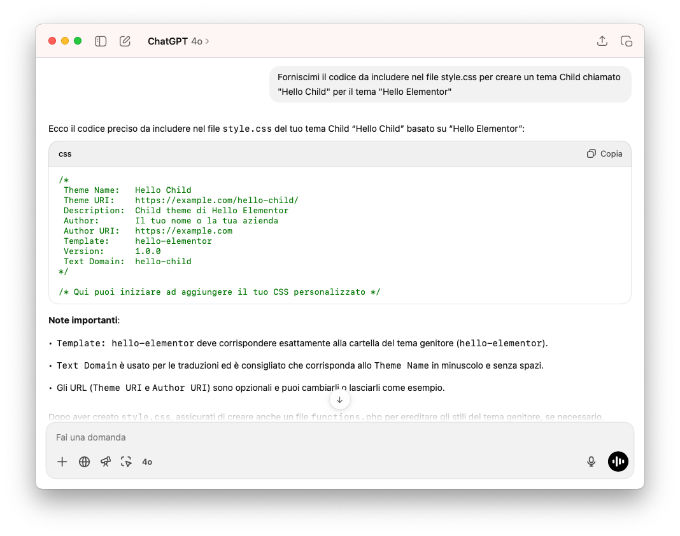 Screenshot della risposta di ChatGPT al prompt per la generazione del codice del tema Child WordPress 