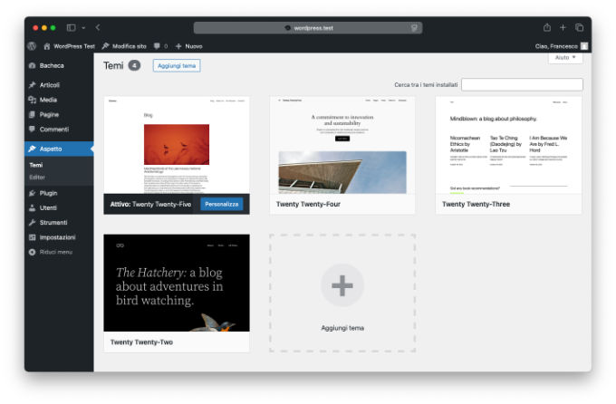 Screenshot del pannello WordPress "Aspetto -> Temi"